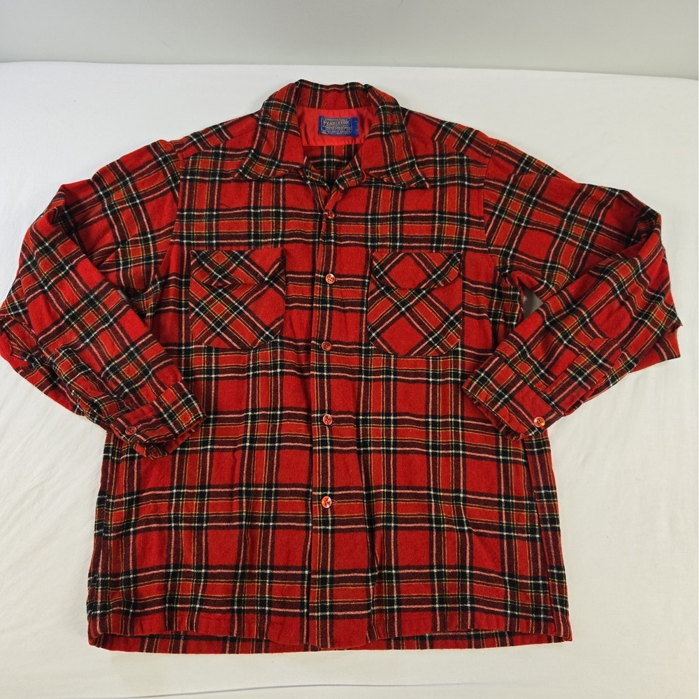 Vintage Pendleton Flannel Board Shirt Mens Large Loop Collar Red Plaid Wool